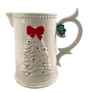 Hand Painted Holiday Ceramic Pitcher Christmas Tree with Bow Topper New